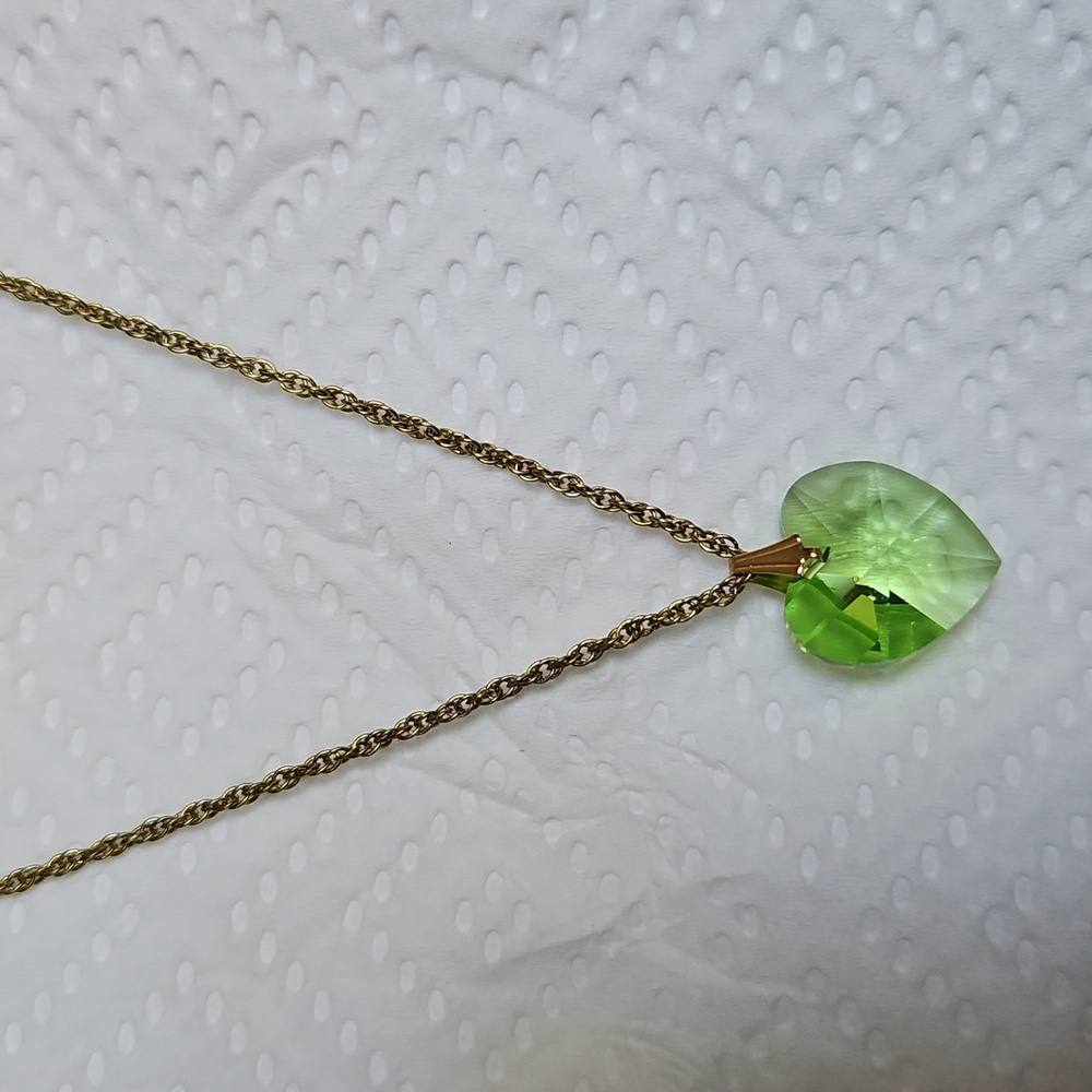 Pale Green Crystal Heart Faceted Necklace -  Goldtone Chain Incl NWOT